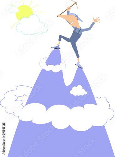 Climber is on the top of the mountain illustration. Happy climber with an ice ax stands on the top of the high mountain isolated on white