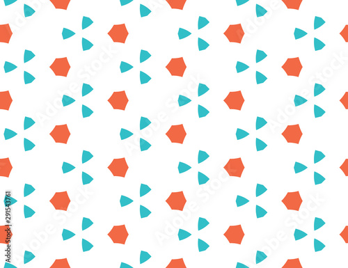 Vector seamless geometric pattern. Shaped orange hexagons, turquoise triangles, white background.
