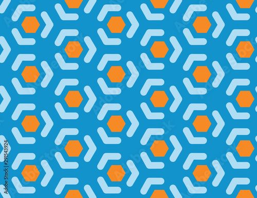 Vector seamless geometric pattern. Shaped brown hexagons, light blue lines, arrows, blue background.