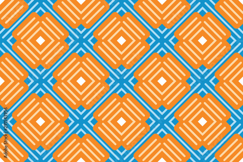Vector seamless geometric pattern. Brown and light blue lines, white squares, blue background.