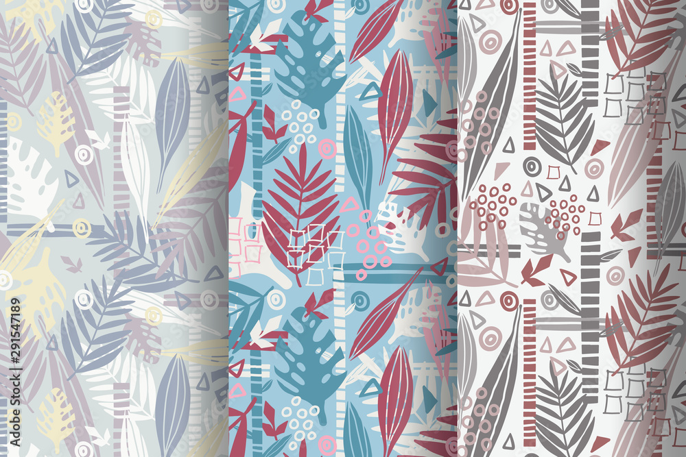 Tropical abstract leaves seamless pattern collection with geometric shapes. Floral trendy colorful illustration in pastel  trendy colors. Modern vector botany design scribbles, scrawls. Collage style.