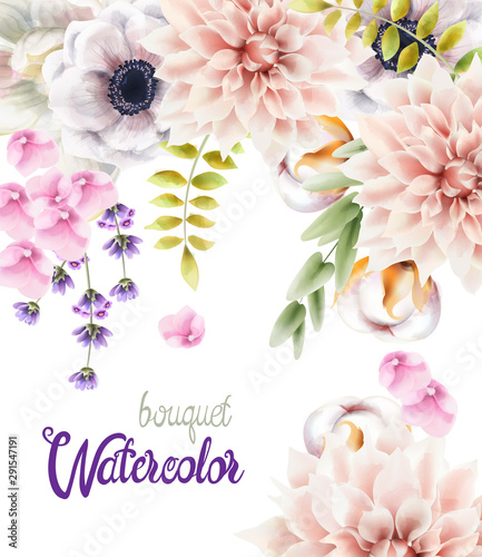 Watercolor flowers and leaves bouquet background vector. Wedding greeting card