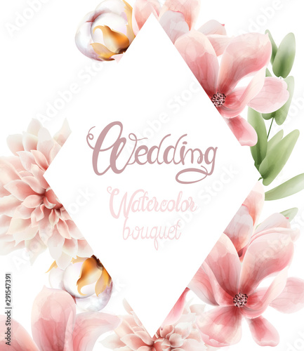 Watercolor flowers and leaves bouquet background vector. Wedding greeting card