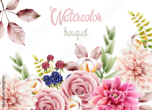 Watercolor flowers and leaves bouquet background vector. Wedding greeting card