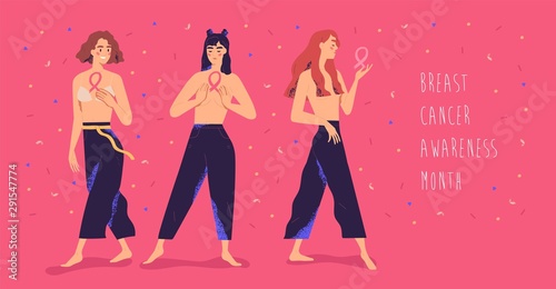 Breast cancer awareness month flat banner template. Young ladies with pink ribbons cartoon characters. Mammary cancer solidarity campaign. Oncology survivors, women vector illustration with typography