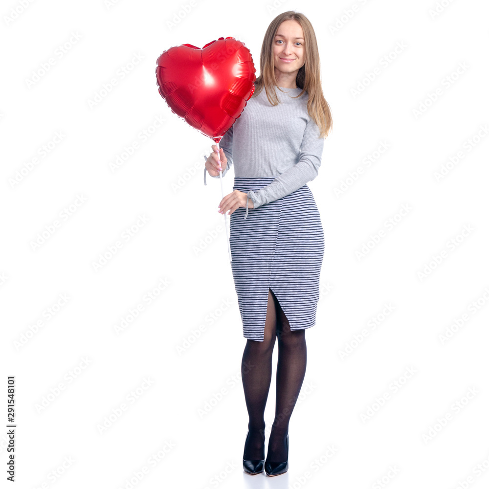 Valentine beautiful woman with red balloon shape heart in hand standing smiling on white background isolation Valentine beautiful woman with red balloon shape heart in hand standing smiling on white background isolation