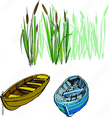 illustration of old boats on the shore with reeds in hand drawing style