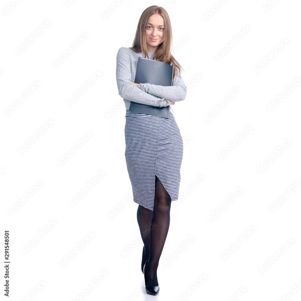 Women business in skirt, black high heels walking goes looking with folder in hand on white background isolation Women business in skirt, black high heels walking goes looking with folder in hand on white background isolation