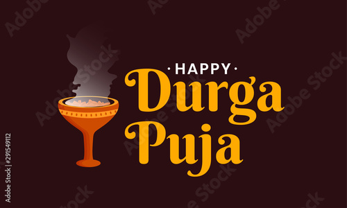 Typography text on indian festival of durga puja with Dhunuchi element.