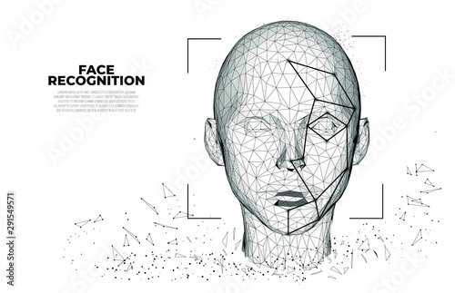 Face Recognition. Facial Recognition System concept. biometric scanning, 3D scanning. Face ID. Identification of a person through the system of recognition. Polygon vector wireframe concept. 