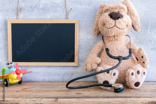 Stuffed Dog animal presented as a pediatrician holding a stethoscope with copy space