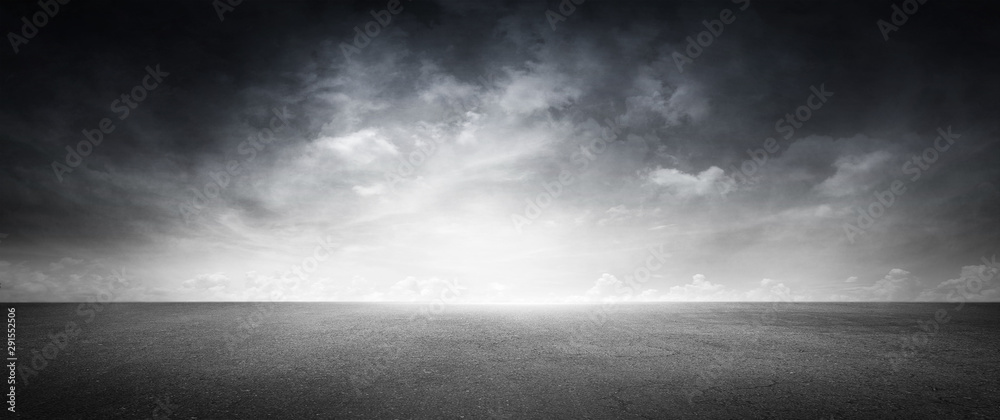 Black Floor Dark Background with Gray Sky and White Clouds - obrazy, fototapety, plakaty 