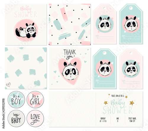 Happy birthday, baby shower for newborn celebration greeting and invitation card or note, stickers and patterns. Vector illustrations with cute panda emotions, hearts, stars. For girls and boys