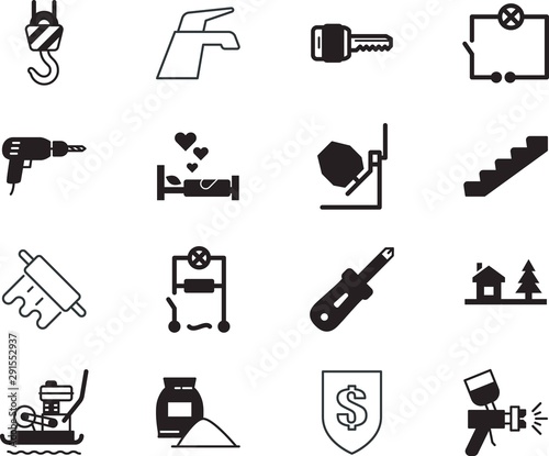 home vector icon set such as: bed, holiday, pin, couple, hook, drawn, protection, bank, relationship, compactor, airbrush, car, secure, landscape, banking, assembly, household, compaction, baking