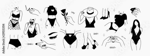 Stylish graceful faceless lady. Hand drawn outline body parts. Female logos, graphic icons. Black vector trendy illustration. All elements are isolated