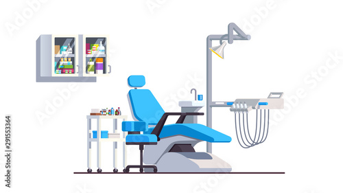 Dental unit with adjustable chair, sink and lamp
