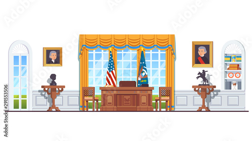 US white house oval office with USA flags