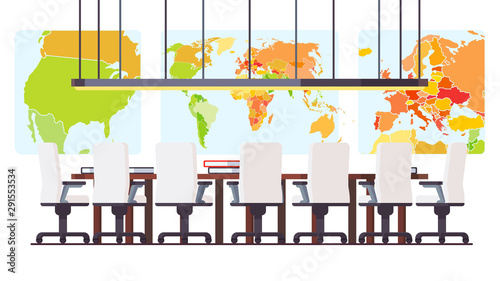 Boardroom with big maps and seven seats.