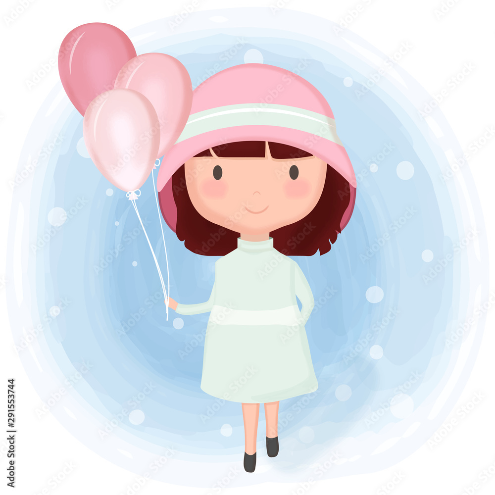 Cute girl in a hat and holding balloons cartoon illustration greeting card