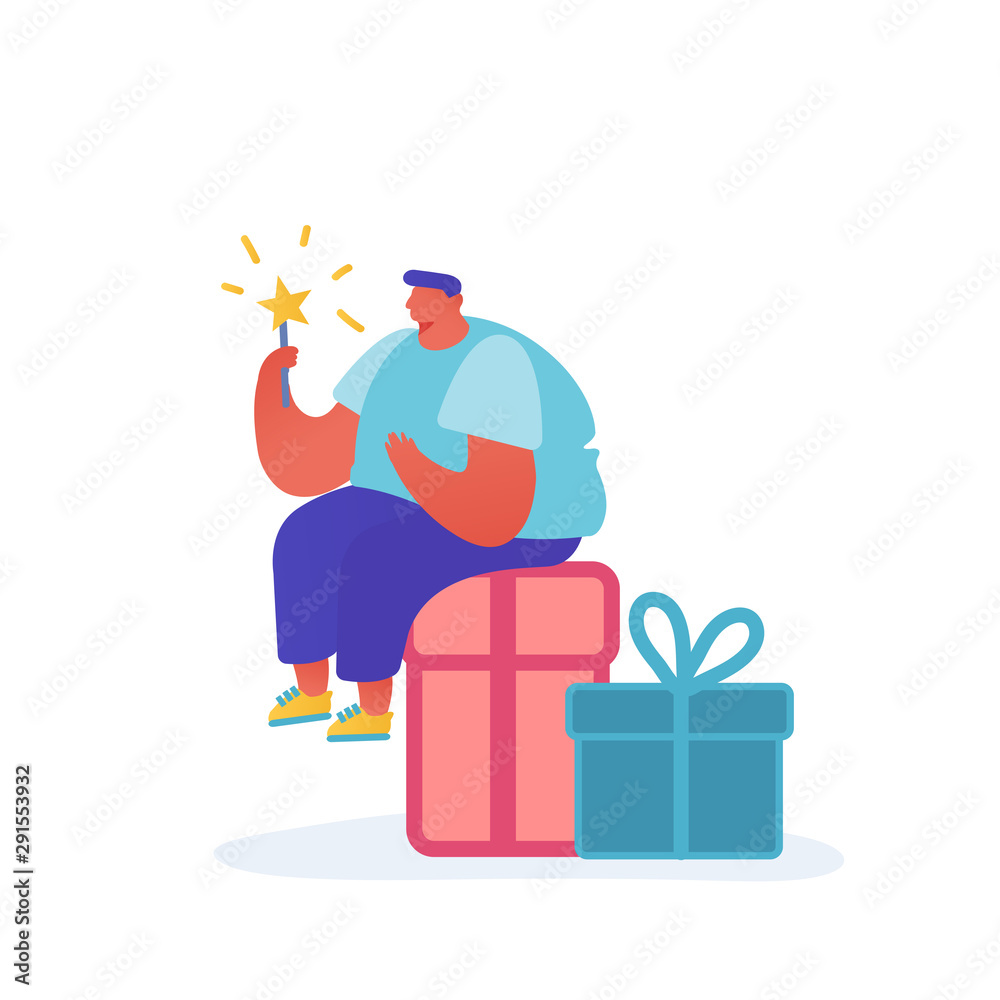 Christmas and Happy New Year greeting card with people characters. Man with gifts, celebration, party, winter holidays. Vector illustration for postcard, poster, invitation Christmas and Happy New Year greeting card with people characters. Man with gifts, celebration, party, winter holidays. Vector illustration for postcard, poster, invitation