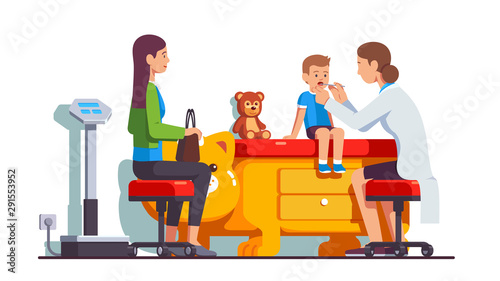Pediatrician doctor examining sick kid sore throat