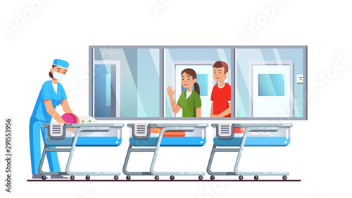 Newborn care hospital ward interior with cribs