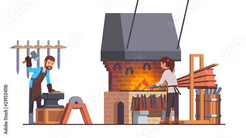 Blacksmith man working with hammer doing metalwork