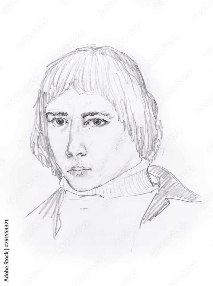 Self portrait of young man. Pencil hand drawing. Self portrait of young man. Pencil hand drawing.