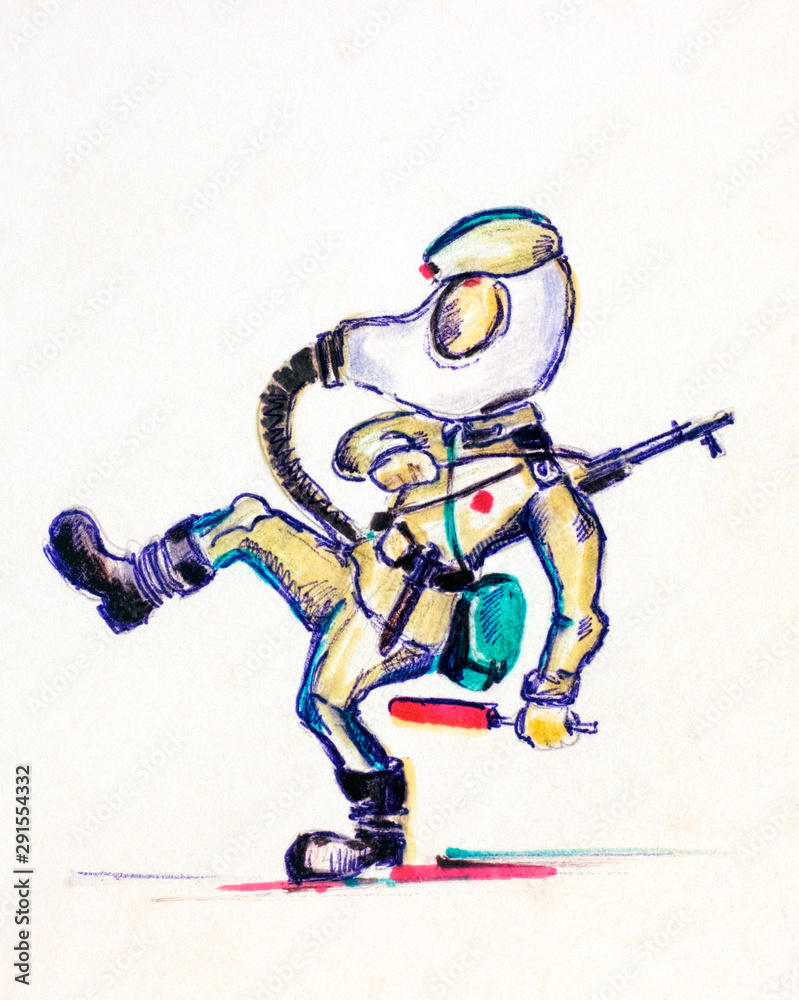 Obraz premium Hand drawing of a Soviet soldier in gas mask.