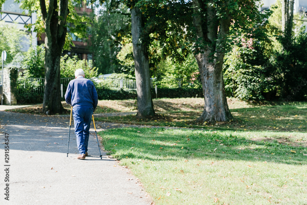 Older man walking with canes in the park