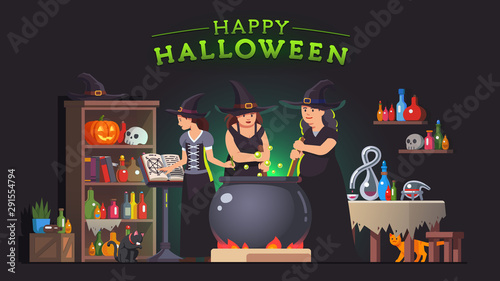 Witches stirring poison brew potion in cauldron