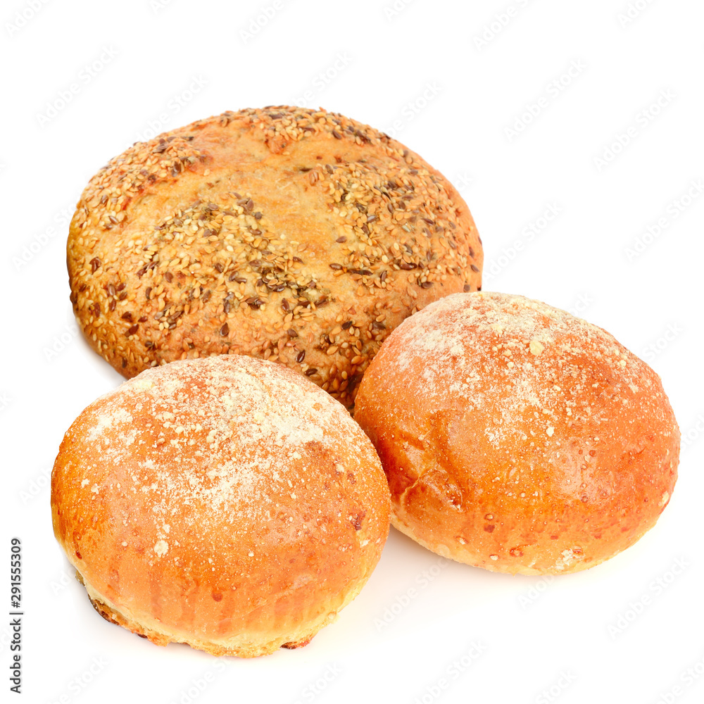 Appetizing grain bread and buns isolated on white background.