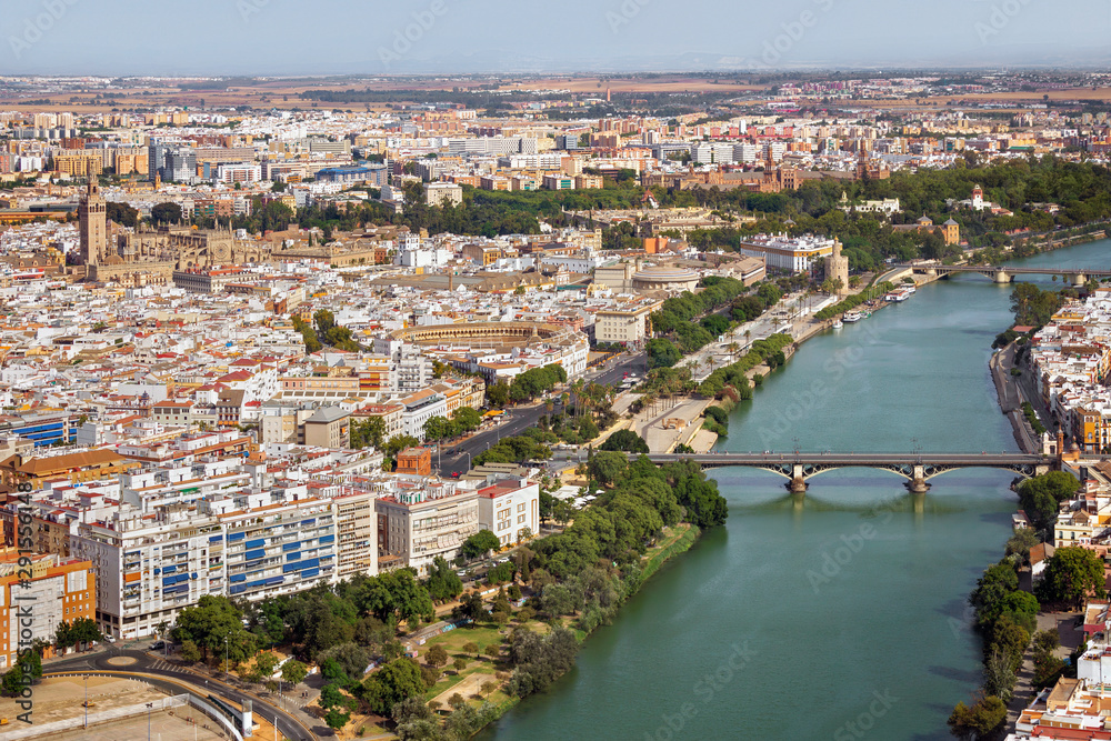 Aerial view of beautiful Seville city centre and its landmarks, Spain