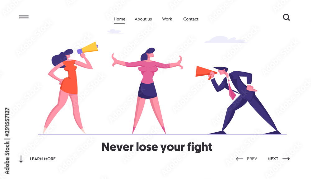 Confrontation in Business Website Landing Page. Man Woman Arguing and Yelling in Megaphone. Colleague Trying to Stop Aggressive Coworkers Verbal Fight Web Page Banner. Cartoon Flat Vector Illustration Confrontation in Business Website Landing Page. Man Woman Arguing and Yelling in Megaphone. Colleague Trying to Stop Aggressive Coworkers Verbal Fight Web Page Banner. Cartoon Flat Vector Illustration