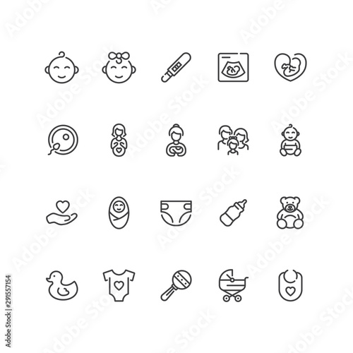 Set of babies, motherhood and pregnancy icons in line style.