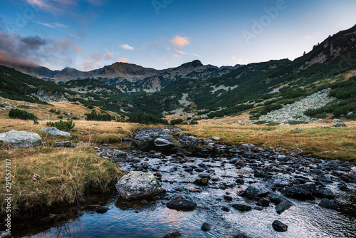 Amazing sunset landscape of Banderitsa river valley, Pirin Mountain, Bulgaria