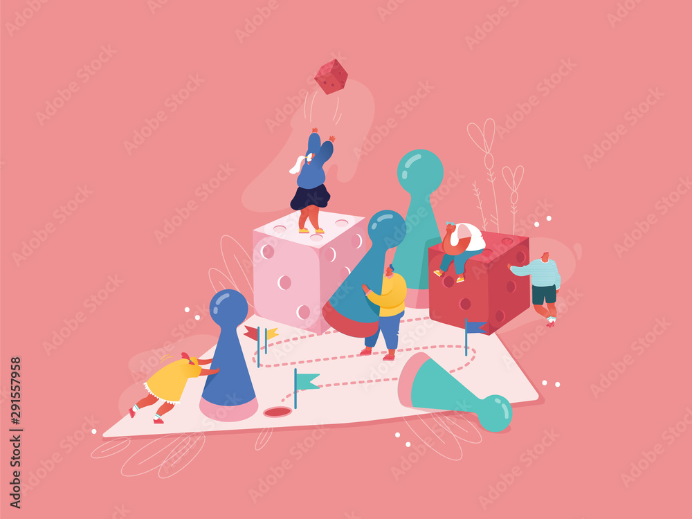 Strategic planning, Teamwork concept. People characters playing board game, throwing the dice. Business risk and gambling concept. Winning Male and Female Illustration. Cartoon vector