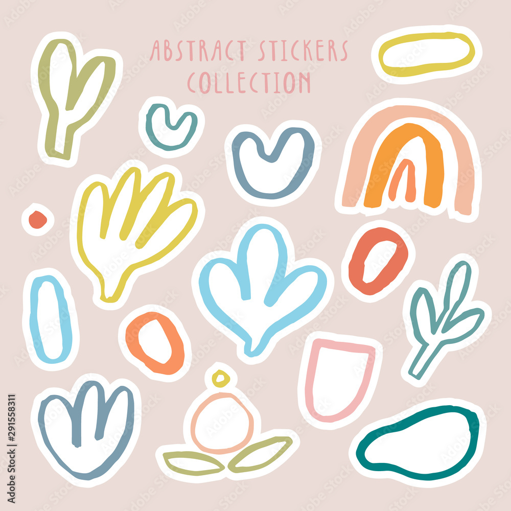 Vector set of cute abstract stickers. Artistic stationery elements design in naive style. Imaginary stickers design - Cute collection.