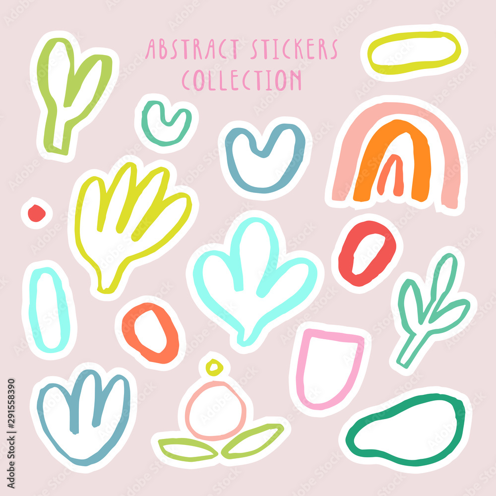 Vector set of cute abstract stickers. Artistic stationery elements design in naive style. Imaginary stickers design - Cute collection.