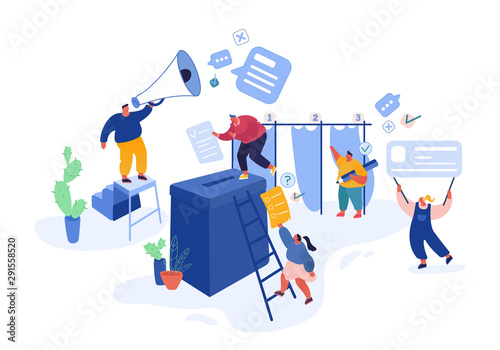 Voting and Election concept template design. Pre-election campaign. Promotion of people candidate characters. Citizens debating, putting paper vote in to the ballot box candidates. Vector illustration photo