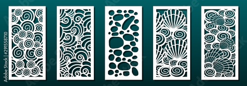 Laser cut pamels template, vector set. Abstract underwater design with seashells.