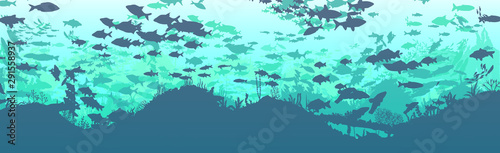 Silhouette of fish and algae on the background of reefs. Underwater ocean scene. Deep blue water  coral reef and underwater plants. a beautiful underwater scene  a vector seascape with reef.
