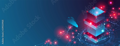 Isometric big data flow processing concept, cloud database. Abstract technology background. Vector illustration