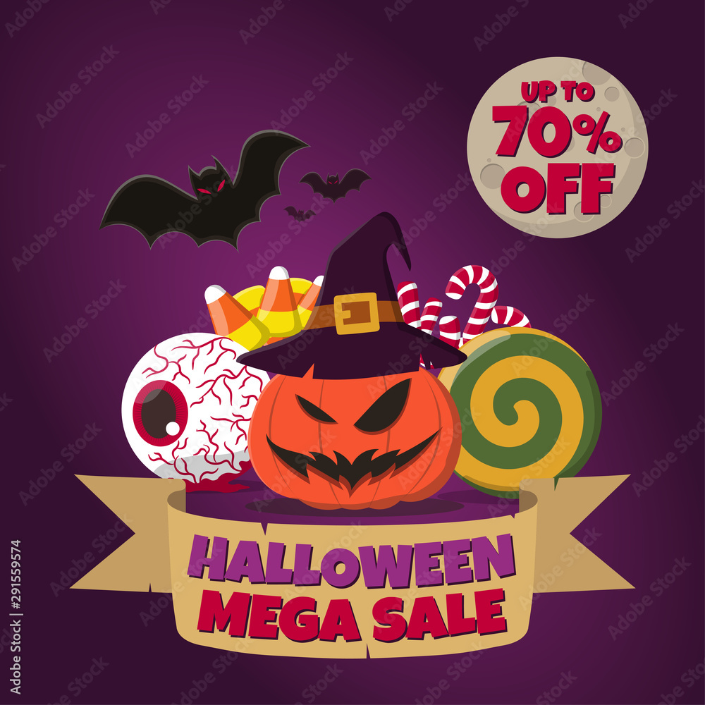 Halloween Mega Sale banner with carved pumpkin, witch hat, bloodshot eyeball, lollipop, candy corns, candy canes, bats, and the moon with “up to 70 percent” text on dark purple background.
