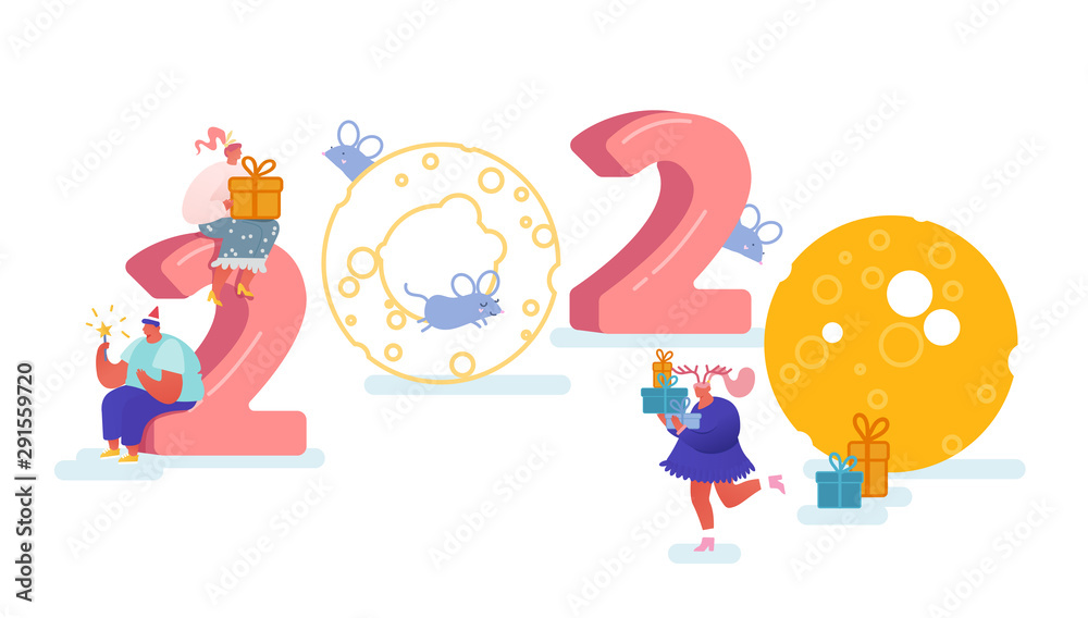 Christmas and Happy New Year greeting card with dancing people characters with 2020 year. Women and men celebration, party, winter holidays. Vector illustration for postcard, poster, invitation Christmas and Happy New Year greeting card with dancing people characters with 2020 year. Women and men celebration, party, winter holidays. Vector illustration for postcard, poster, invitation