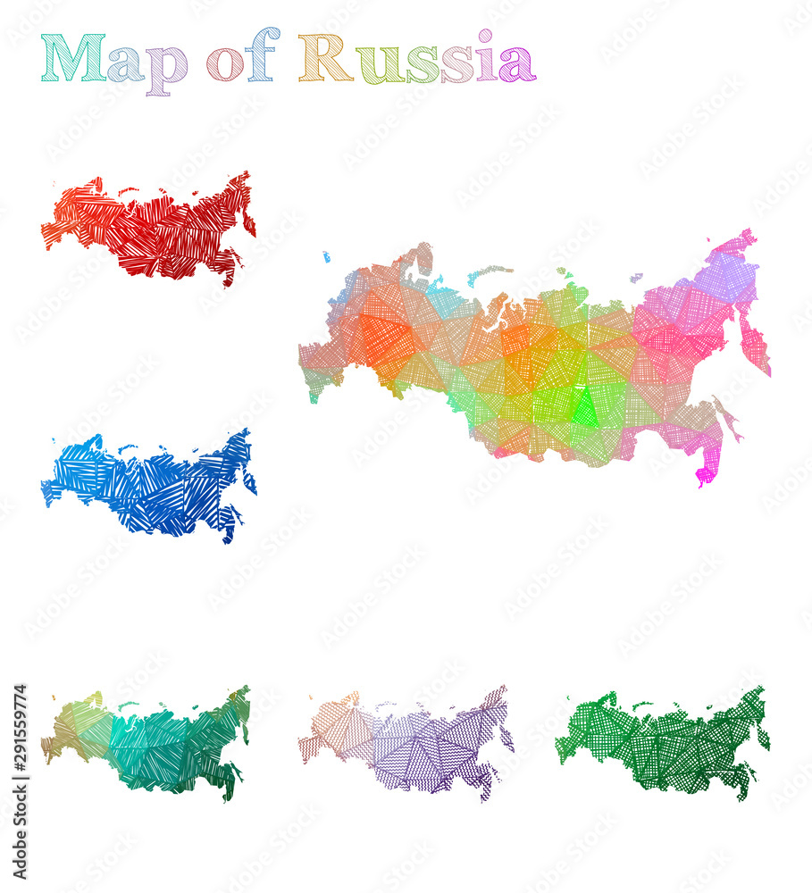 Hand-drawn map of Russia. Colorful country shape. Sketchy Russia maps collection. Vector illustration.
