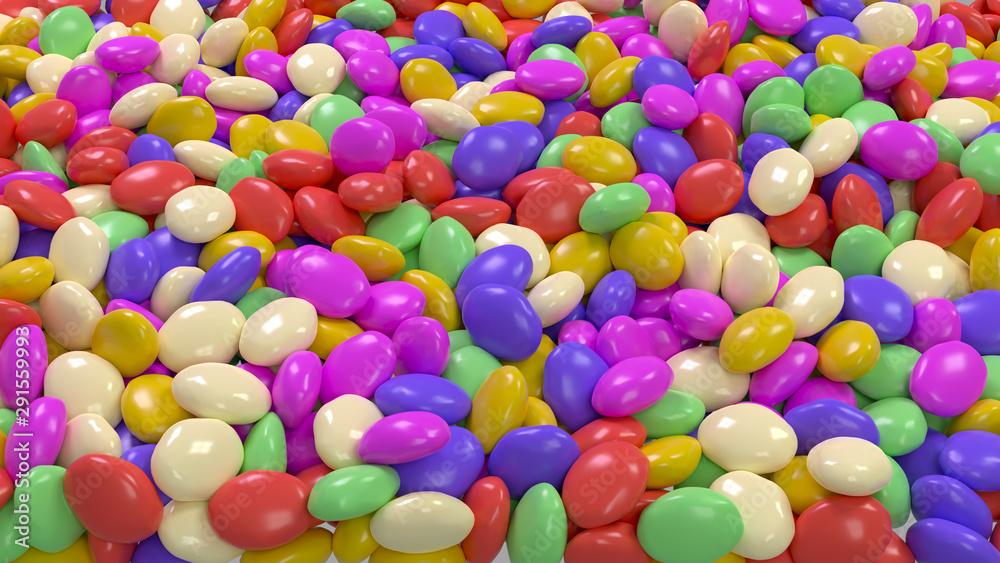 Scattered multi-colored jelly beans. Candy background image. 3D Rendering. Scattered multi-colored jelly beans. Candy background image. 3D Rendering.