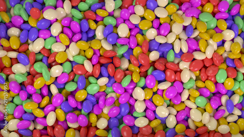Scattered multi-colored jelly beans. Candy background image. 3D Rendering.