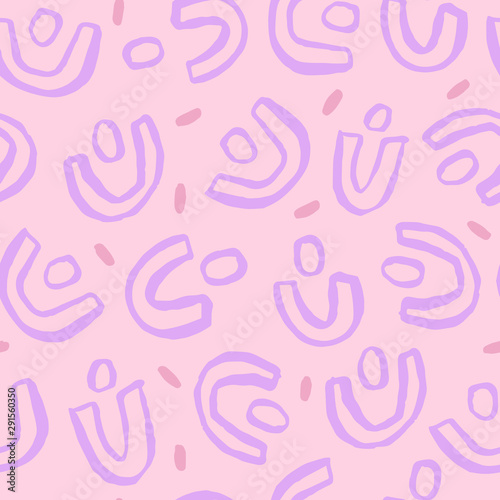 Beautiful abstract texture with cute rounded shapes. Vector seamless pattern with ink shapes, dots and brush strokes. Modern background.
