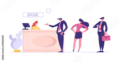 Visitors and Employees in Bank Office. Public Access to Financial Services. Interior with Woman Worker Sitting at Counter Desk and Clients Waiting Consulting in Queue Cartoon Flat Vector Illustration
